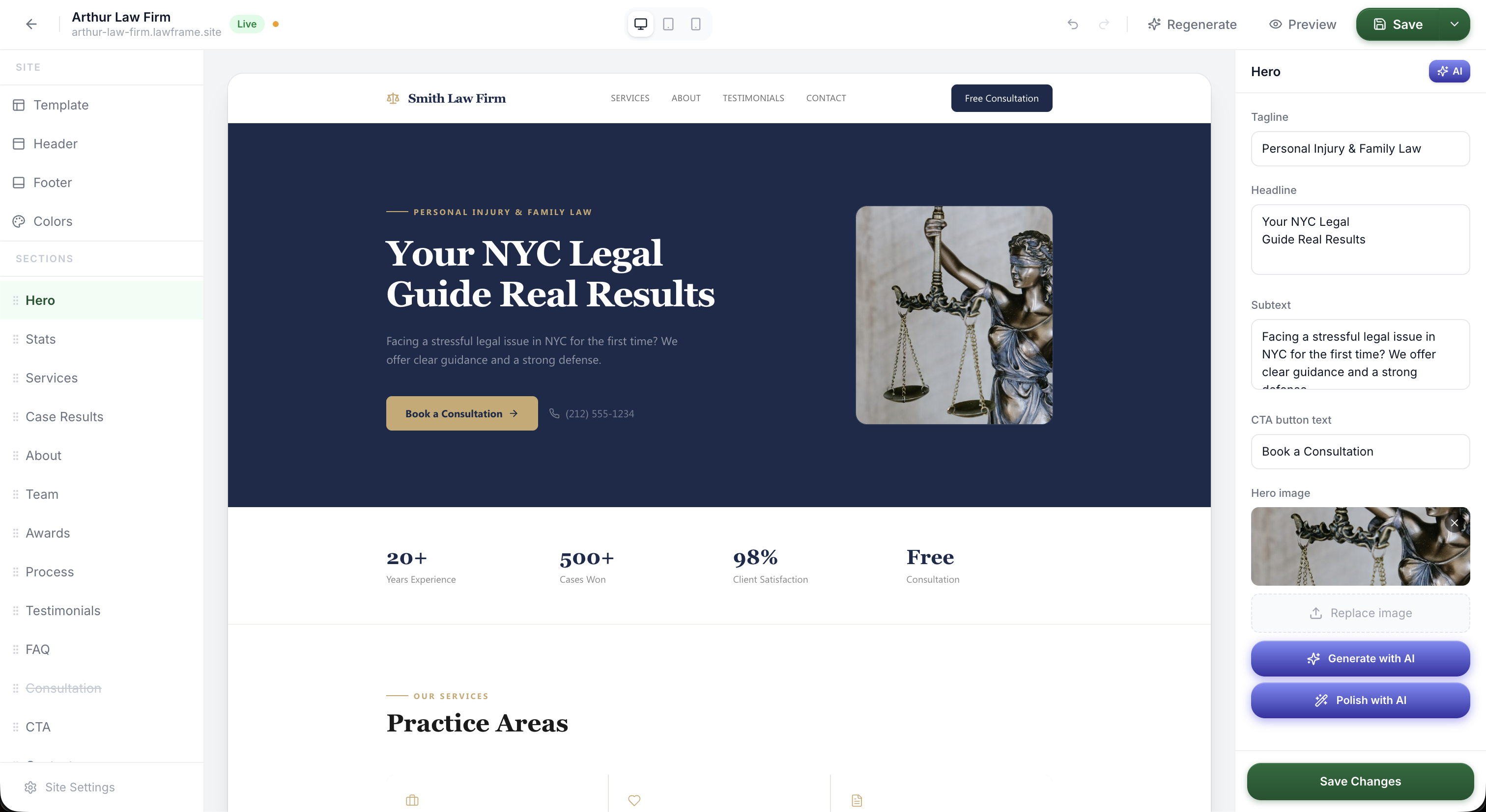 LawFrame editor — build your law firm website with AI